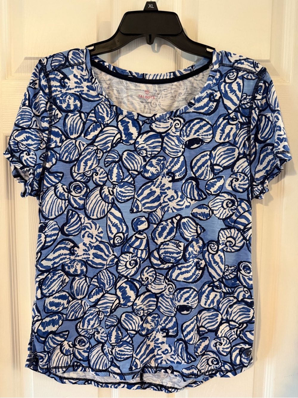 Talbots Blue and White Shell-Print Short Sleeve Tee